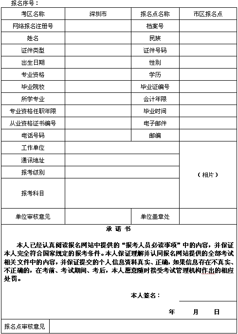 廣東深圳2015年初、中、高級會計師考試網(wǎng)上報名考生信息表