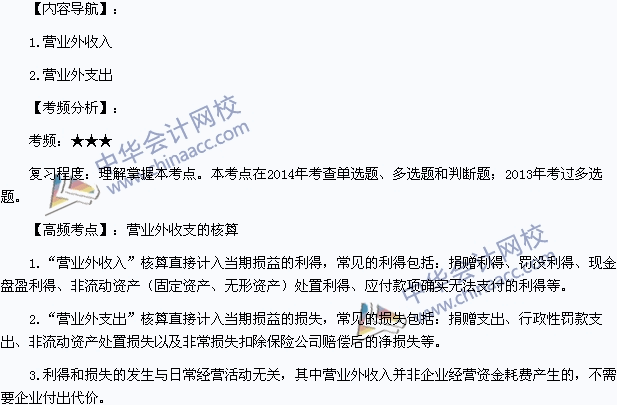 2015年初級(jí)會(huì)計(jì)職稱《初級(jí)會(huì)計(jì)實(shí)務(wù)》高頻考點(diǎn)：營(yíng)業(yè)外收支的核算