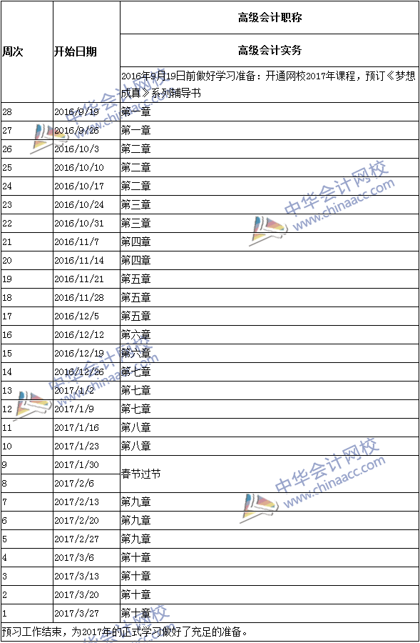 2017年高級會計師考試預習階段學習計劃表