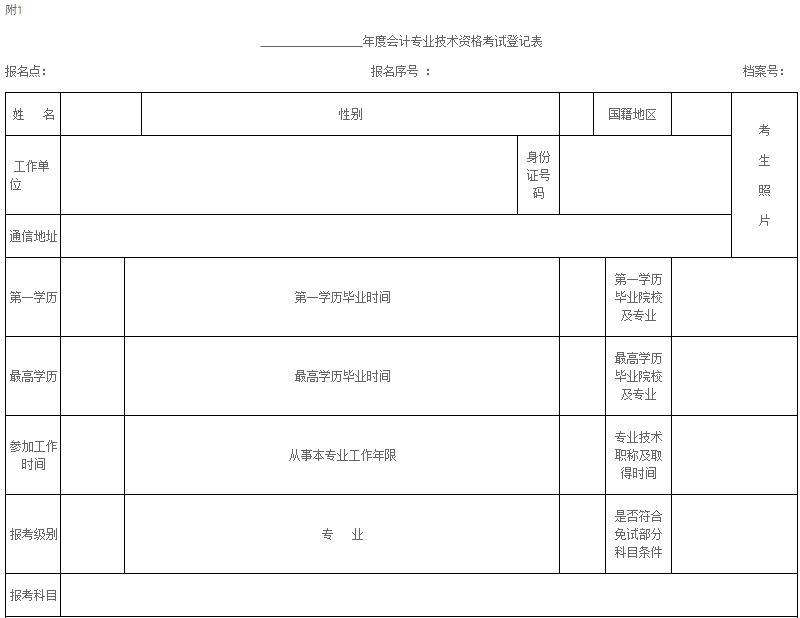 年度會(huì)計(jì)專(zhuān)業(yè)技術(shù)資格考試登記表