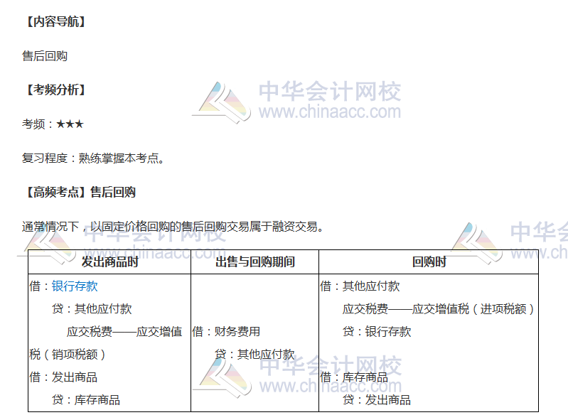 2018年《中級會計實務》高頻考點：售后回購