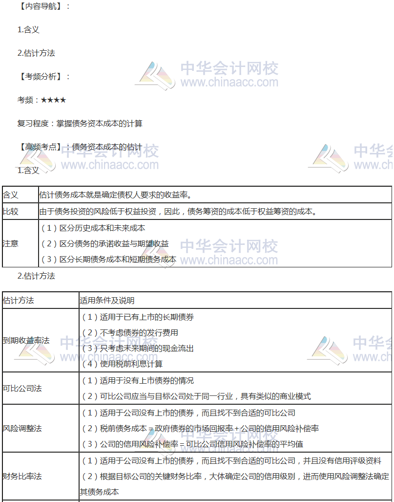 2018年注會《財管》高頻考點：債務資本成本的估計