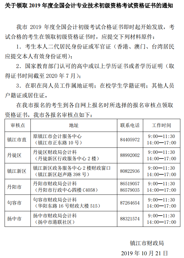 2019年江蘇省鎮(zhèn)江市初級會計證書領(lǐng)取的通知