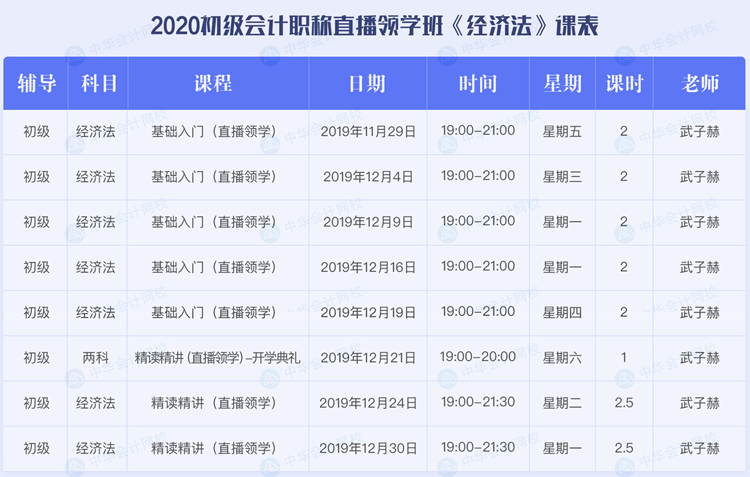 2020初級會計職稱考試直播領學班《經濟法基礎》課程安排表