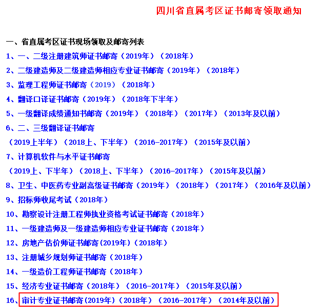 2019年四川審計(jì)師證書郵寄信息