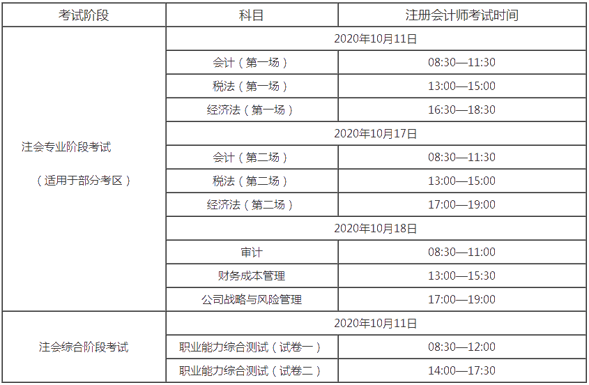 北京2020年cpa考試時間是什么時候？