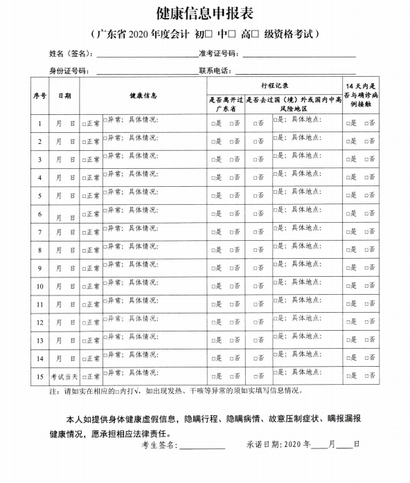 廣東佛山2020年度全國會計專業(yè)技術資格考試疫情防控告知書