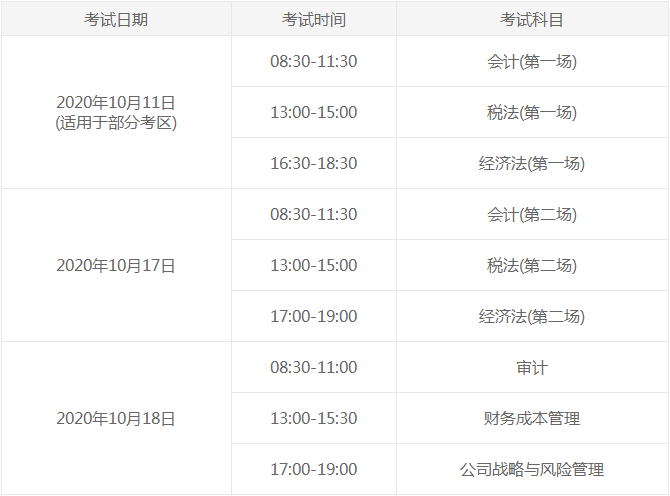 注冊會計師考試考試時間具體安排