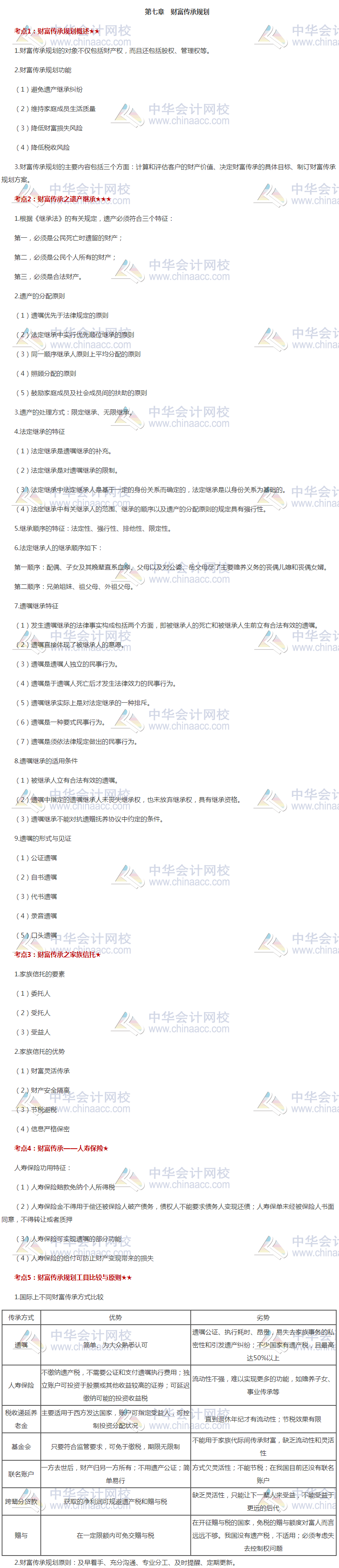 銀行中級《個(gè)人理財(cái)》高頻考點(diǎn)第七章：財(cái)富傳承規(guī)劃