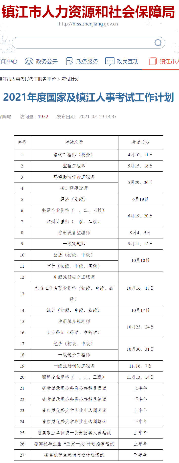 2021年度國家及鎮(zhèn)江人事考試工作計劃