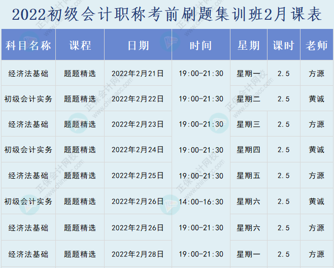 速看！2022初級會計職稱考前刷題集訓(xùn)班課表已出爐！