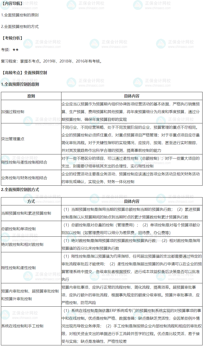 2022年高級會計師考試高頻考點：全面預算控制