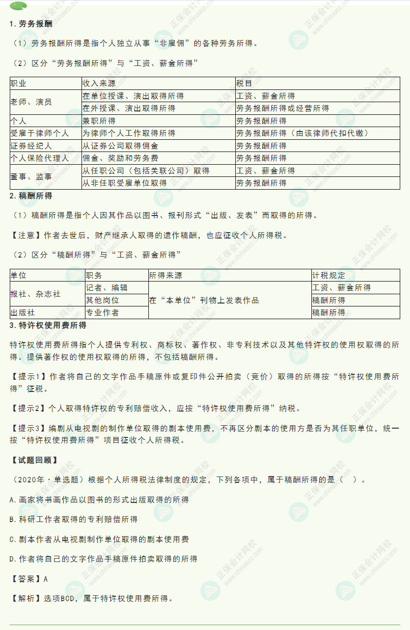 2022初級(jí)《經(jīng)濟(jì)法基礎(chǔ)》高頻考點(diǎn):勞務(wù)報(bào)酬、稿酬、特許權(quán)使用費(fèi)所得