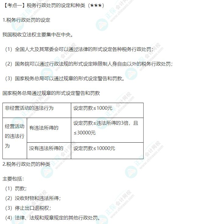 2022年注會《稅法》第十四章高頻考點1：稅務行政處罰的設定和種類