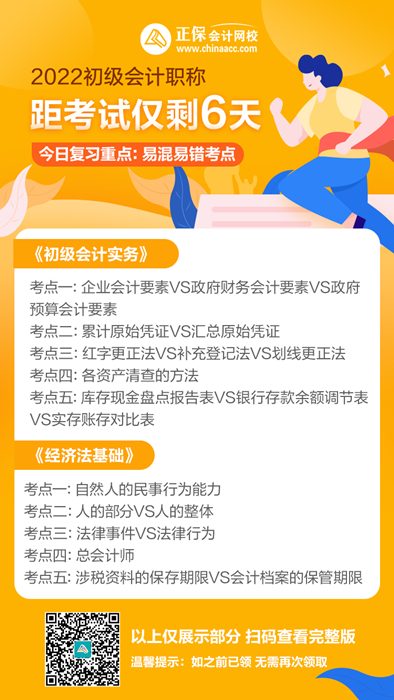 2022初級會計考試倒計時6天！學(xué)習(xí)回顧重點：易錯易混考點