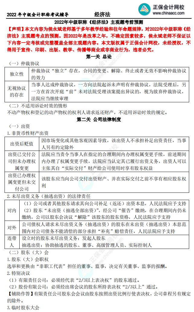 【13頁下載版】2022侯永斌中級會計經(jīng)濟法主觀題核心考點提示