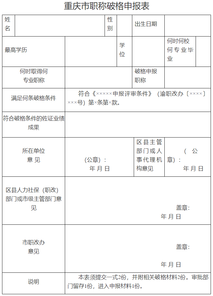 重慶市職稱破格申報(bào)表