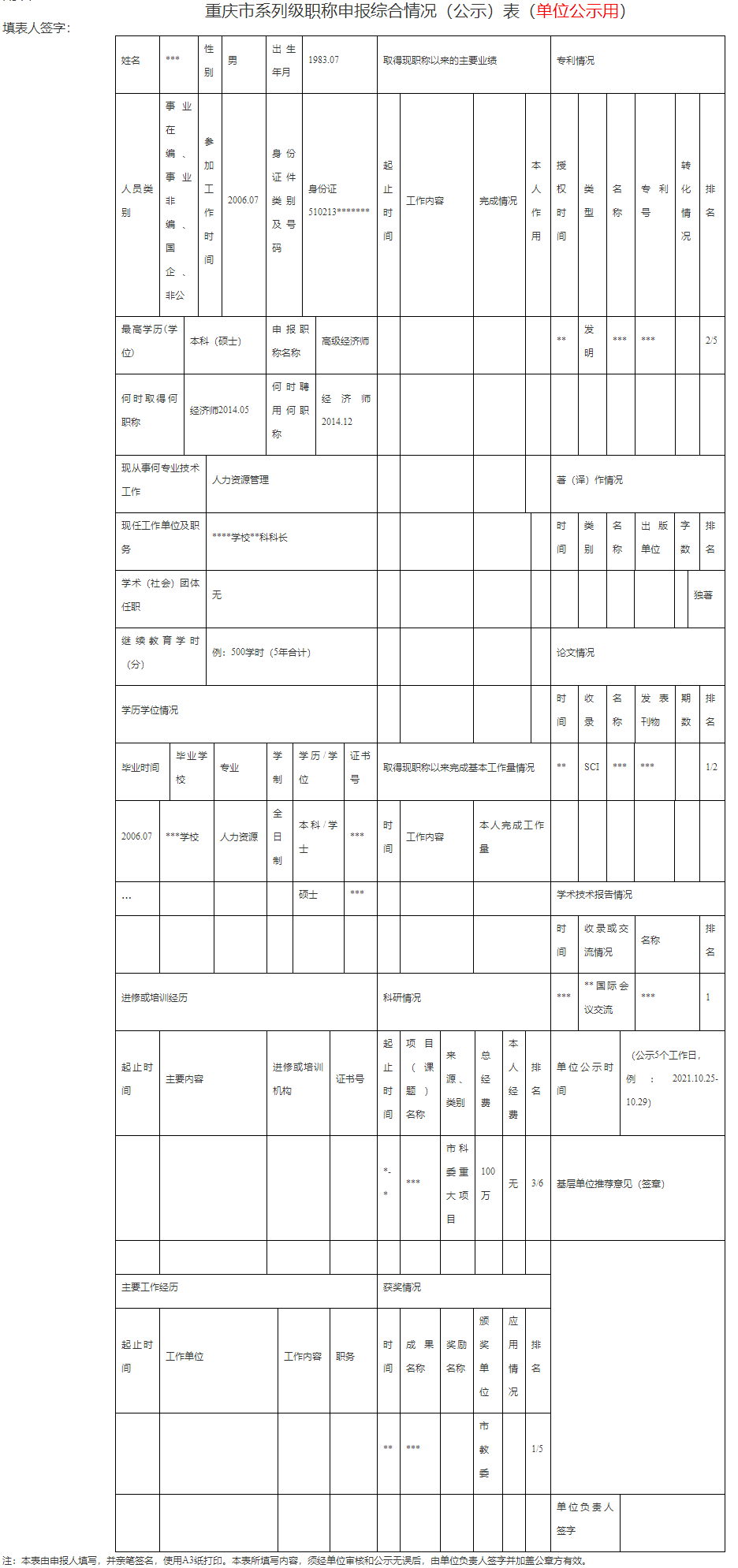 重慶市系列級職稱申報(bào)綜合情況（公示）表