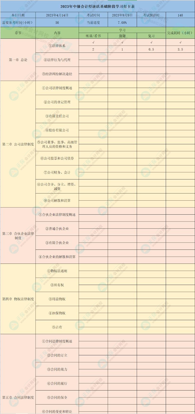 2023年中級會計(jì)經(jīng)濟(jì)法8章學(xué)習(xí)打卡表