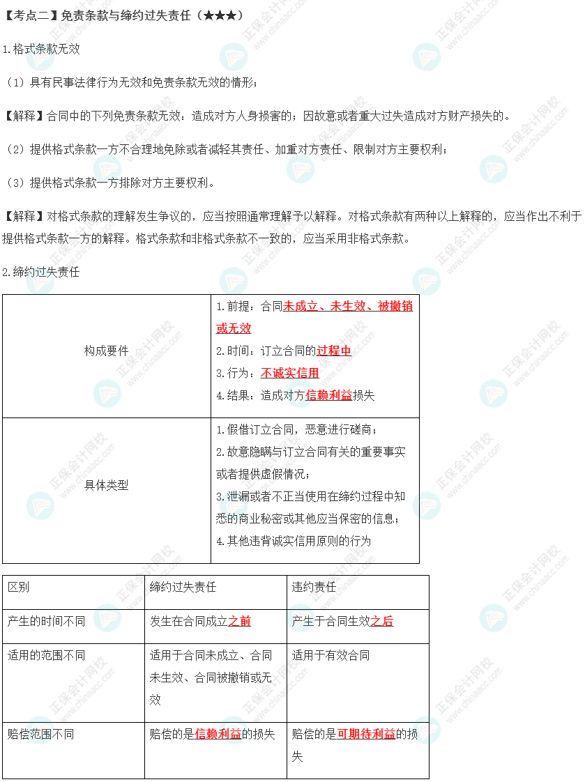 2023年注會《經(jīng)濟法》第4章高頻考點2：免責條款與締約過失責任