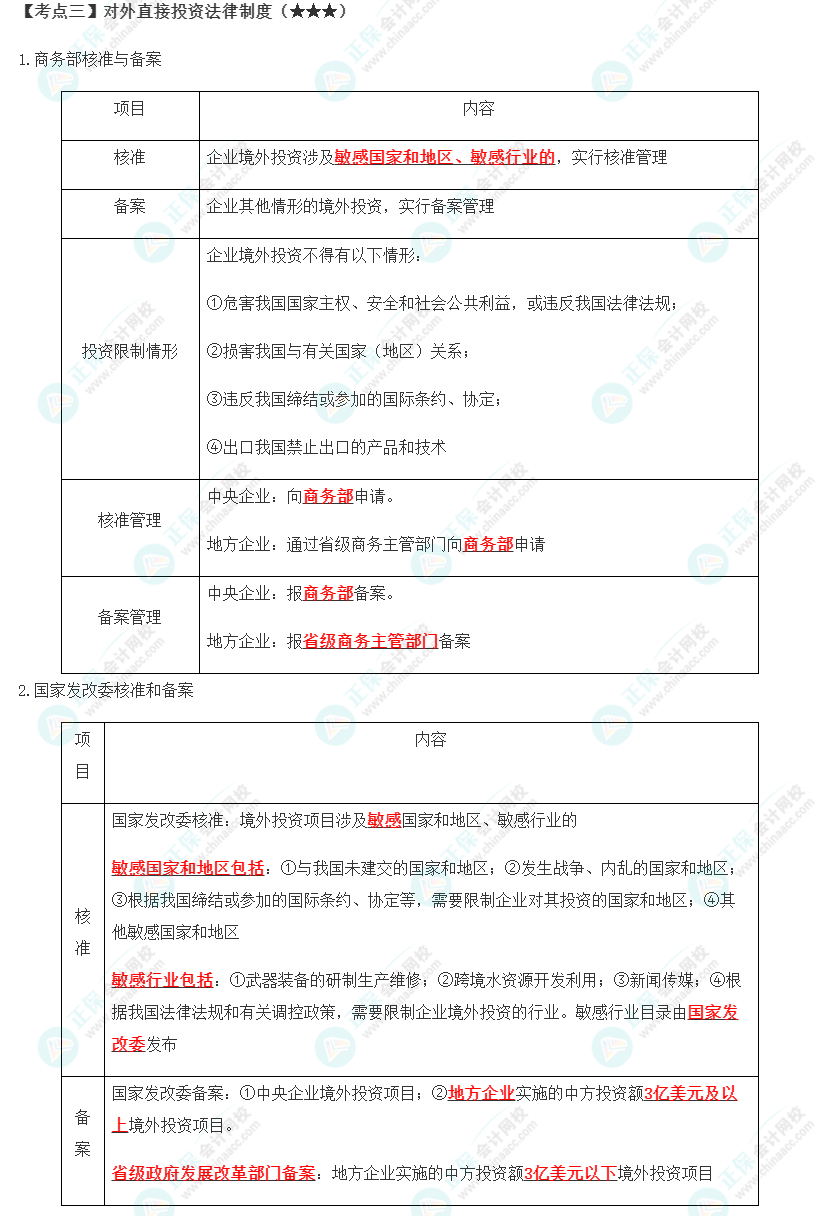 2023年注會(huì)《經(jīng)濟(jì)法》第12章高頻考點(diǎn)3：對(duì)外直接投資法律制度