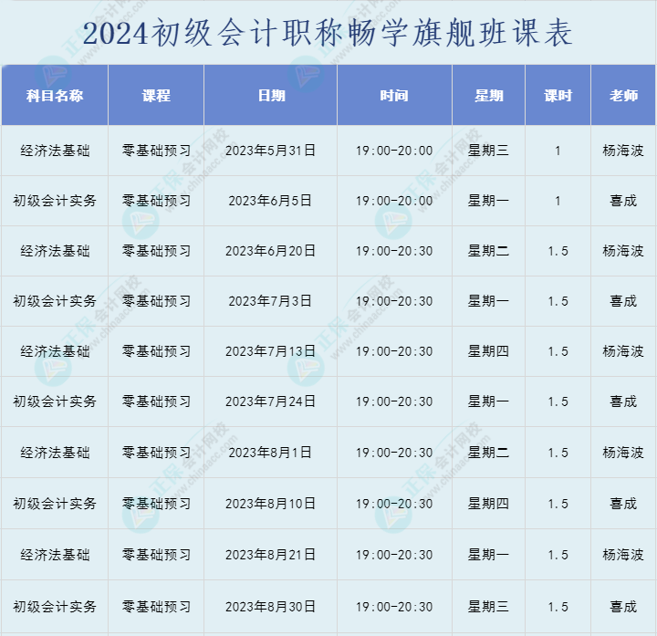 2024年初級會計職稱暢學旗艦班直播課表安排