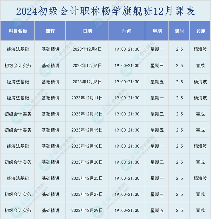 2024年初級會計職稱暢學旗艦班直播課表安排