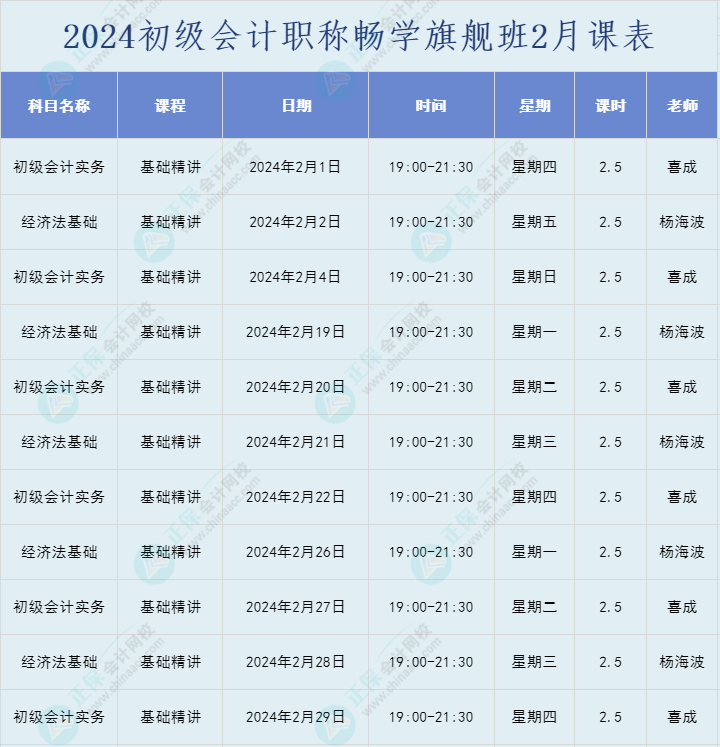 2024年初級會計職稱暢學旗艦班直播課表安排