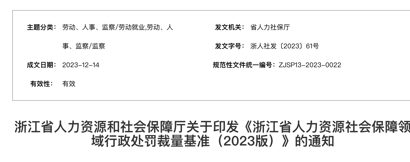 浙江省人力資源社會(huì)保障領(lǐng)域行政處罰裁量基準(zhǔn)（2023版）