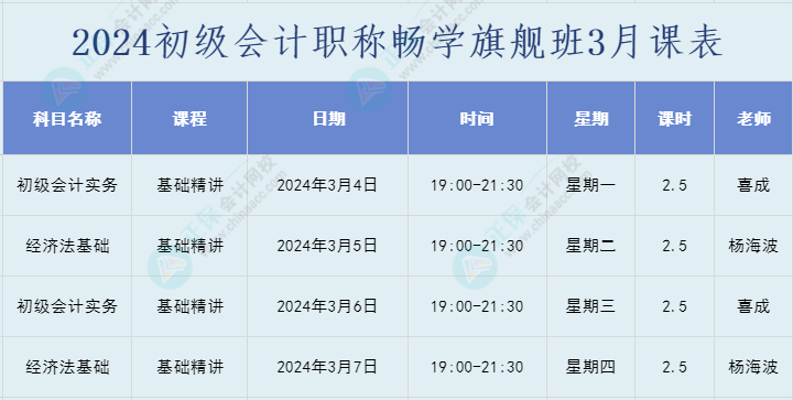 2024年初級會計職稱暢學旗艦班直播課表安排