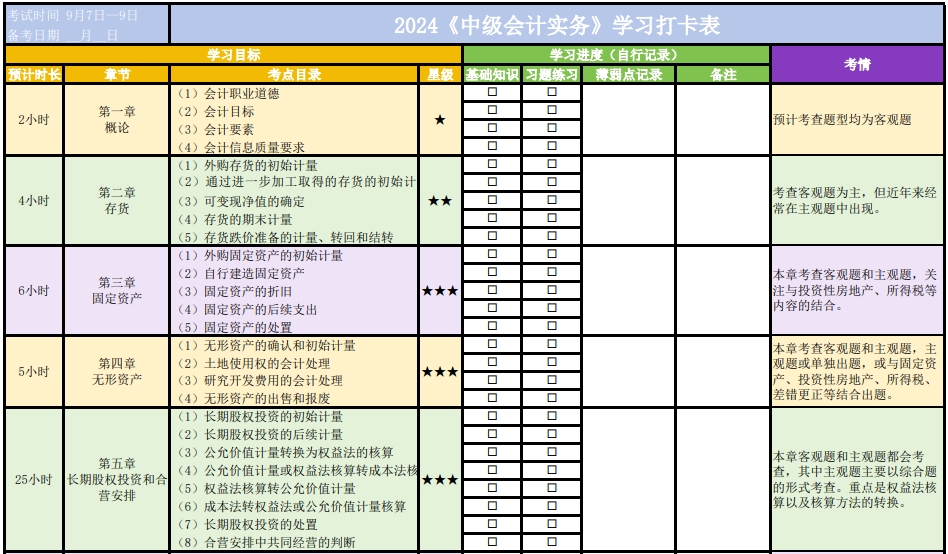 自律必備！2024年中級會計職稱學(xué)習(xí)打卡表 一鍵下載！