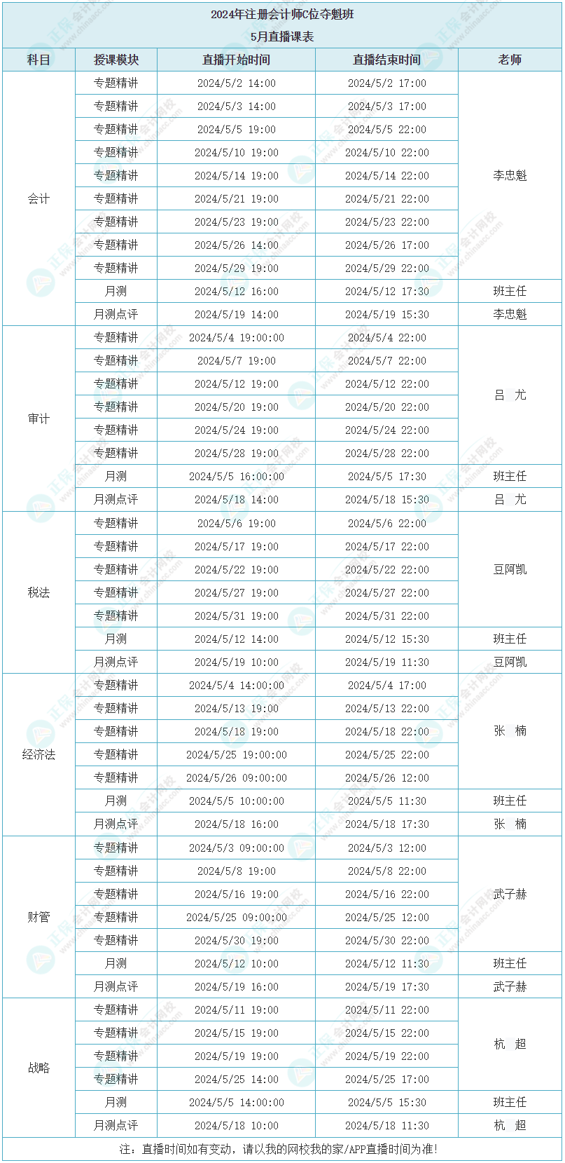 2024注會C位奪魁班5月直播課表