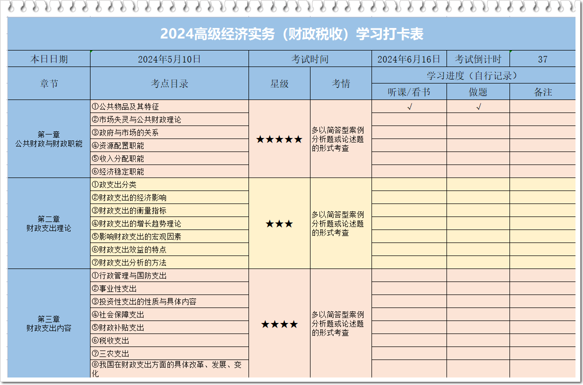 2024年高級經(jīng)濟(jì)師財(cái)稅學(xué)習(xí)打卡表