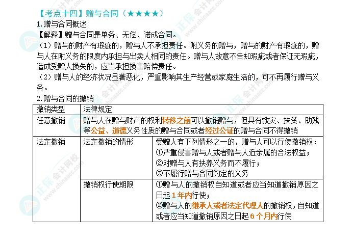 2024年注會(huì)《經(jīng)濟(jì)法》第4章高頻考點(diǎn)14：贈(zèng)與合同