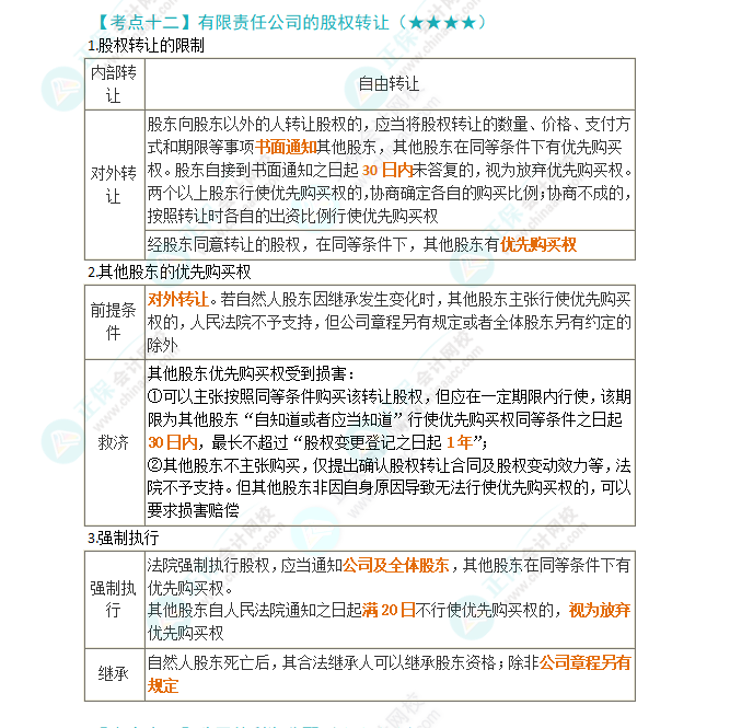 2024年注會(huì)第6章高頻考點(diǎn)12：有限責(zé)任公司的股權(quán)轉(zhuǎn)讓