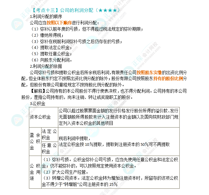 2024年注會第6章高頻考點13：公司利潤的分配