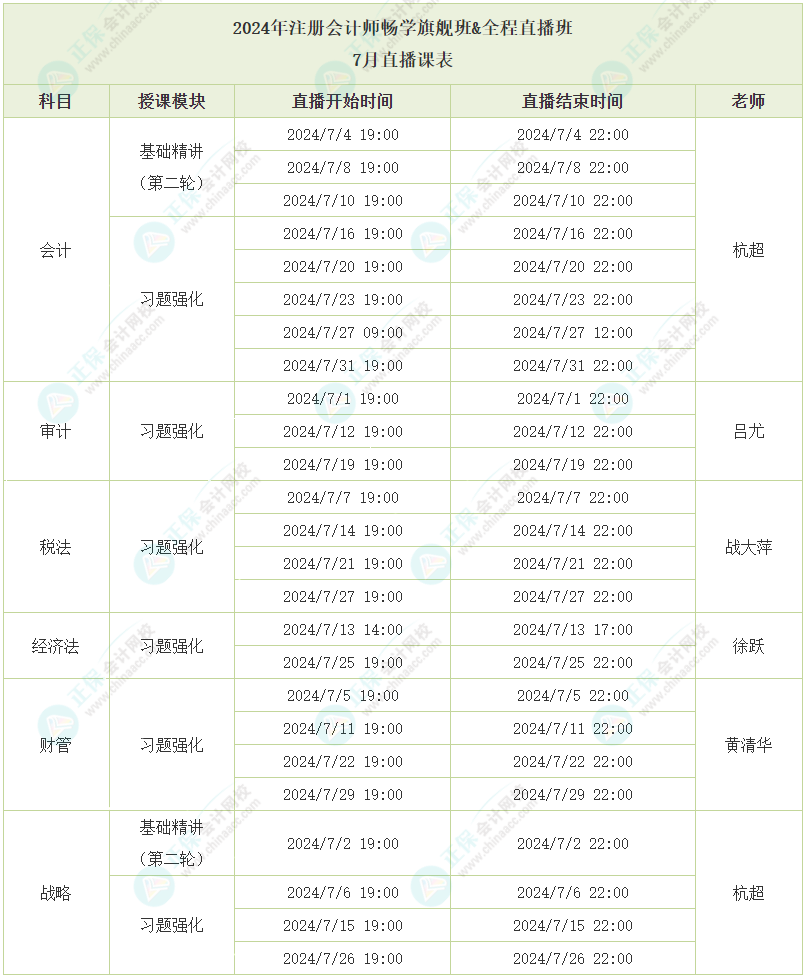 2024年注冊(cè)會(huì)計(jì)師全程直播班7月直播課程安排 快來了解！