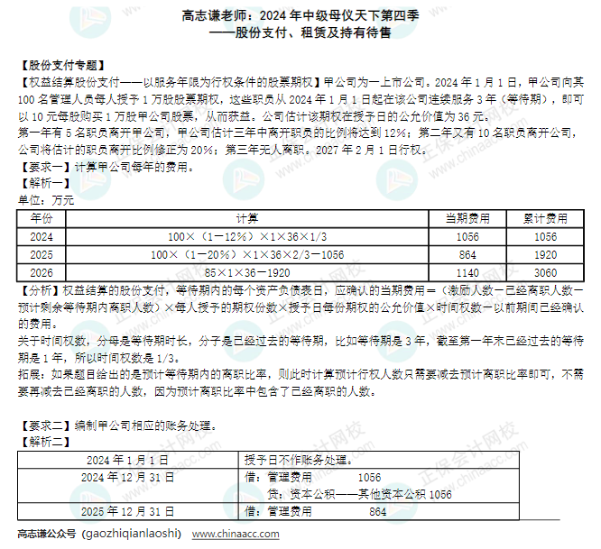 【答案】2024年《中級會計實務(wù)》母儀天下第四季-股份支付、租賃及持有待售