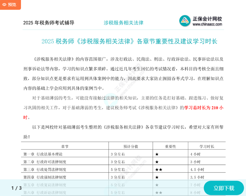 2025年稅務(wù)師《涉稅服務(wù)相關(guān)法律》各章節(jié)建議學(xué)習(xí)時長及重要性