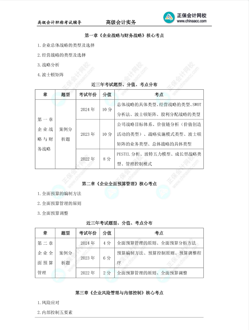 近3年高級會計師考試各章考點及分值分布分析