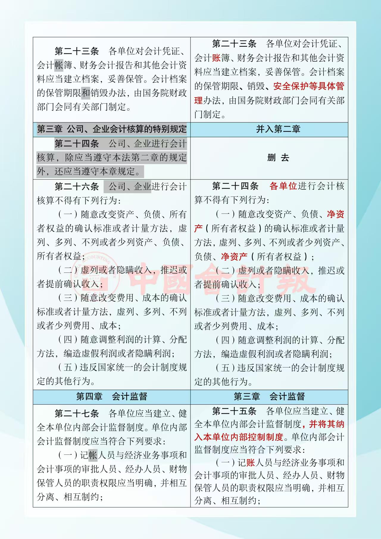 《中華人民共和國會計法》修改前后對照表7