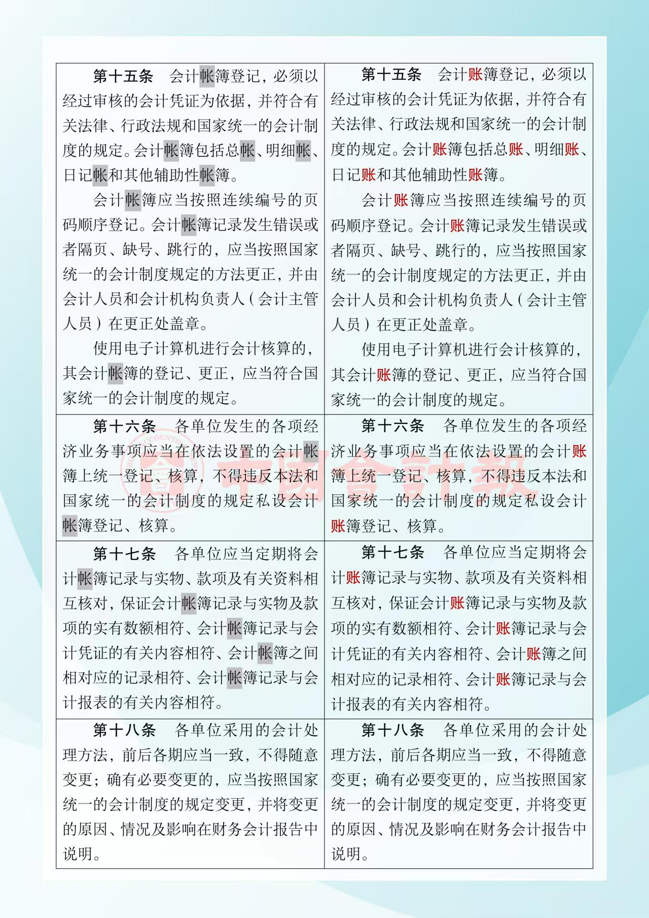 《中華人民共和國會計法》修改前后對照表5